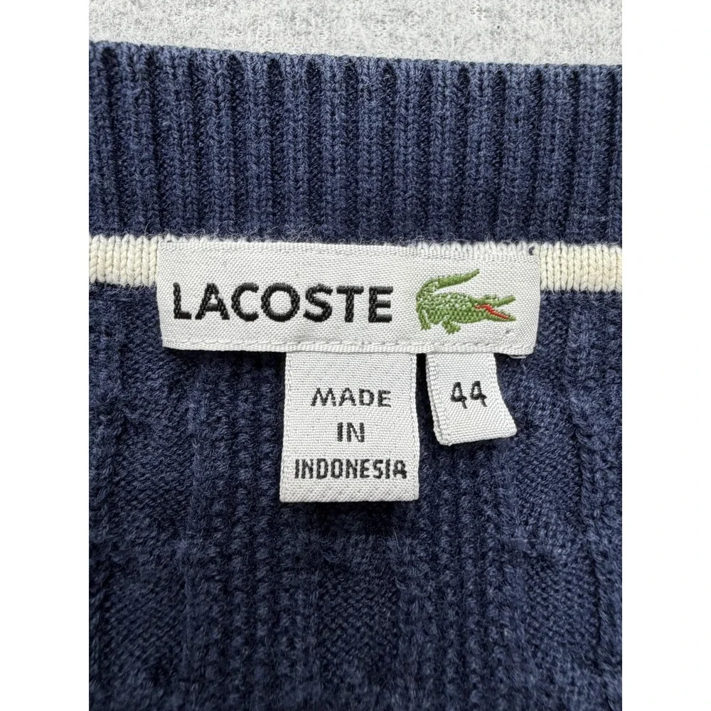 Lacoste Sweater Womens 44 Blue 100% Cotton Cable Knit Logo Button Cuff Pullover